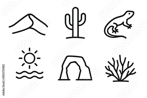 Desert Icon Collection. Line style icons of Desert Forms: sand dune, cactus, lizard, sun heat wave, stone arch, dry bush. No text,