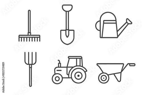 Agricultural Tool Icons. Line style icons of Agricultural Tools: rake, shovel, watering can, tractor, pitchfork, wheelbarrow. No