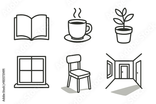 Cozy Home Elements. Line style icons of Home Stillness: open book, steaming cup, potted plant, window sill, chair shadow, quiet