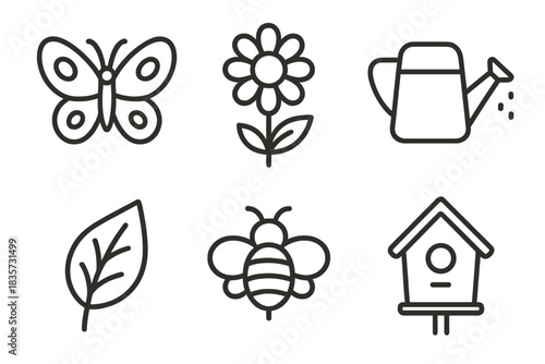 Garden Icons Illustration. Line style icons of Garden Whispers: butterfly, flower, watering can, leaf, bee, birdhouse. No text, No