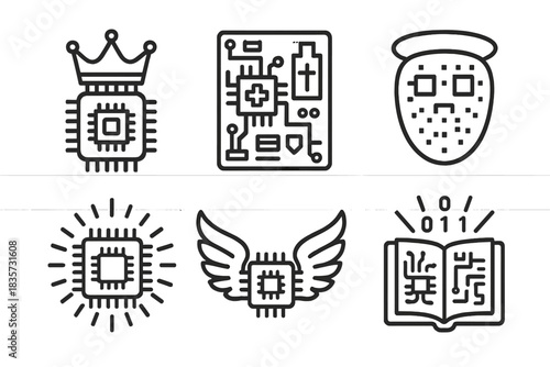 Divine Tech Icons. Line style icons of Godware Entities: CPU crown, divine motherboard, pixel halo mask, radiant core, circuit