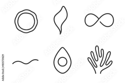 Bio Abstract Icons. Line style icons of Bio Abstracts: flexible ring organism, waving petal stroke, living curve loop, slow arc