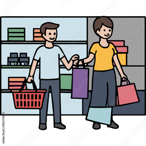 Couple Holding Shopping Bags and Basket in Store Aisle with Shelves of Products and Boxes in Soft Lighting