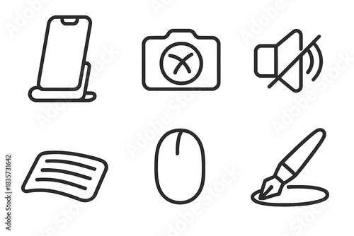 Peaceful Gadget Icons. Line style icons of Peaceful Equipment: relaxed phone docked, camera lens closed, idle keyboard curve,