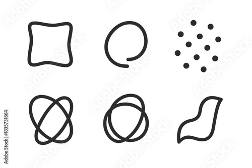 Harmonious Chaos Icons. Line style icons of Harmonious Chaos: crooked square, broken loop, scattered dots, overlapping forms,