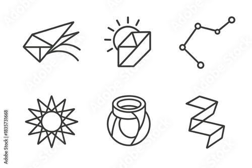 Cosmic Origami Icons. Line style icons of Cosmic Origami: folded comet trail, paper eclipse, bent constellation, layered sunburst,