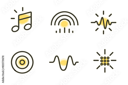 Visual Harmony Icons. Line style icons of Visual Harmony: glowing note, curved spectrum, pulsing line, radiant echo, soft