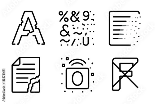 Linguistic Ruins Icons. Line style icons of Linguistic Ruins: broken alphabet, scattered symbols, fading text, torn page,