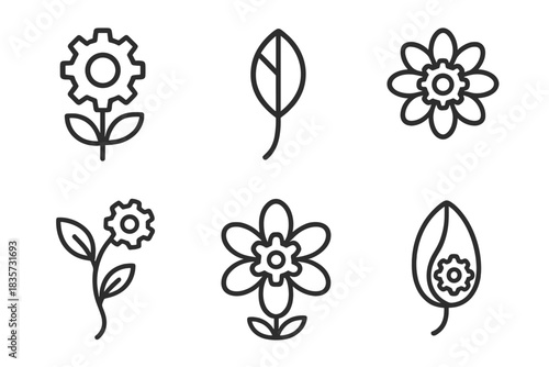 Mechanical Nature Icons. Line style icons of Mechanical Nature: blooming gear, metallic leaf, petal cog, rotating stem, steel