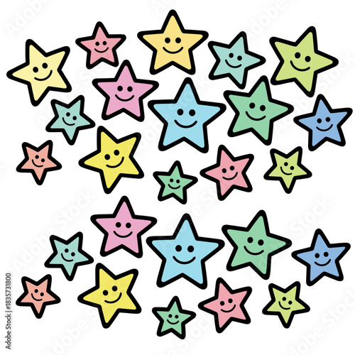 Colorful cartoon stars with smiling faces fill the transparent background in a simple and playful design icon sheet set vector 
