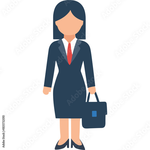 Business Woman In Dark Blue Suit And Red Tie Holding Briefcase With Black Hair Standing On Transparent Background