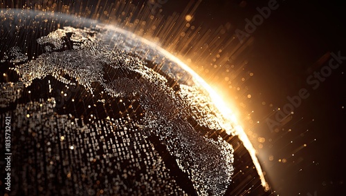 Illuminated globe composed of glowing particles, with light emanating from the horizon