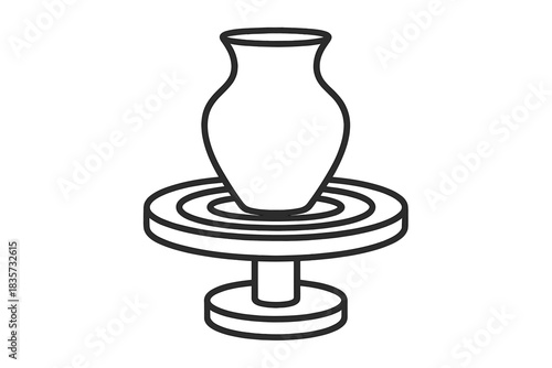 Evolving Pottery Forms. Potter’s wheel spinning with concentric motion lines and forming vessel at center, first in line style