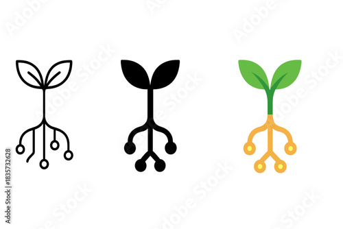 Tech-Plant Fusion Icon. Minimalist icon merging plant sprout with circuit board roots symbolizing data cultivation, first in line