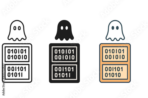 Digital Cabinet Icons. Cabinet icon with binary code patterns and ghostly icons floating above drawers, first in line style with