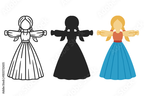 Corn Husk Doll Styles. Traditional corn husk doll with outstretched arms and woven skirt, first in line style with thin outline,