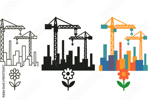 Cranes and Blossom. Cranes forming skyline of industrial city with lone flower in foreground, first in line style with thin