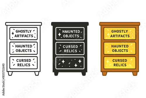 Cabinet of Glowing Drawers. Wooden cabinet with glowing drawers labeled for ghostly or supernatural artifacts, first in line style