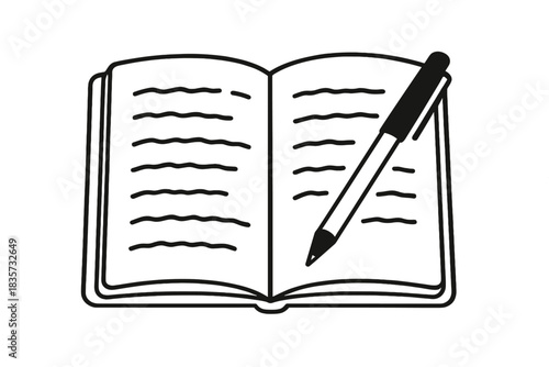 Journal Sketch Variations. Open analog journal with handwritten notes and pen resting across page, first in line style with thin