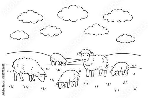 Sheep and Woolly Clouds. Sheep grazing under sky filled with floating wool-shaped clouds, first in line style with thin outline,