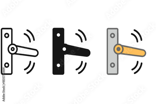 Gate Hinge Designs. Minimalist illustration of gate hinge with curved lines indicating creaking motion, first in line style with