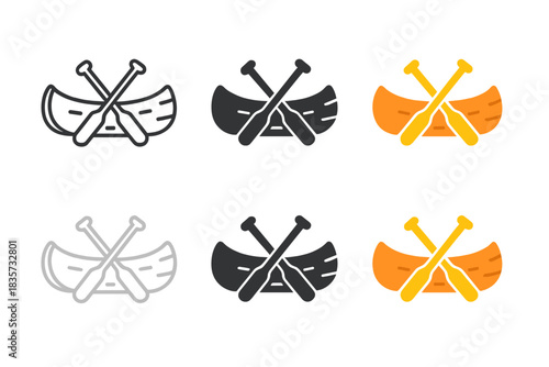 Birch Bark Canoe Designs. Birch bark canoe with paddles resting inside, clean geometric minimal icon, first in line style with