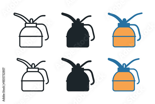 Minimalist Oil Can Icons. Small hand-held oil can with elongated spout, clean geometric minimalist icon, first in line style with