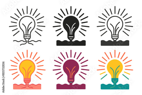 Radiant Bulb Growth. Bulb with radiant shoots breaking through soil, abstract psychedelic vector design, first in line style with
