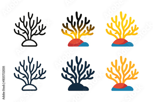 Vibrant Coral Reef Icons. Vibrant coral reef with glowing neural-like branches, minimal vector icon, first in line style with thin