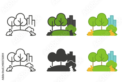 Urban Green Corridor. Urban green corridor with connected trees and small animal silhouettes, simple minimalist vector