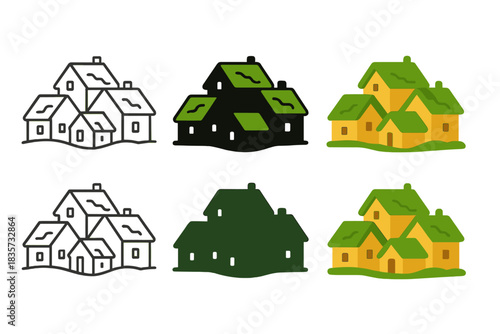 Mossy Village Abstract. Small wheelbarrow planter with herbs and tiny blossoms, simple minimalist vector illustration, first in