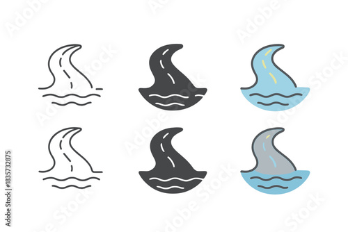 Curving Road Icon. Small village with moss-covered rooftops nestled together, abstract minimal vector illustration, first in line