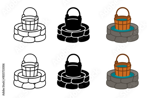Abstract Well Art. Wooden bucket partially submerged in stone well water, abstract minimalist vector illustration, first in line