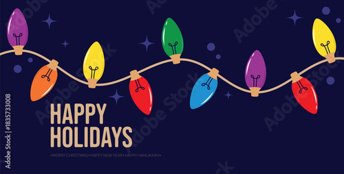 Happy Holidays banner, with traditional Christmas bulb lights, and colorful string. Minimalist trendy banner with