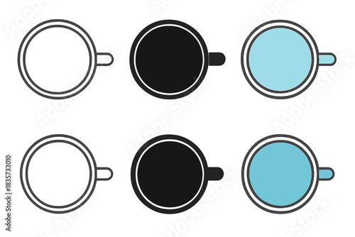 Enamel Mug Illustrations. Top-down view of enamel camping mug showing round rim and handle, simple minimalist vector illustration,