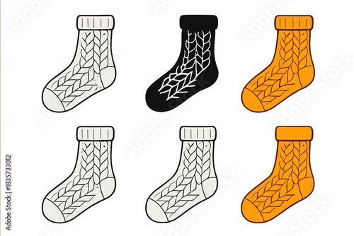Warm Wool Sock Designs. Side angled view of warm wool sock with detailed knit texture, abstract minimalist vector illustration,