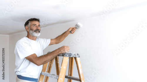 Painter Using Brush to Apply White Paint to Ceiling Edge.