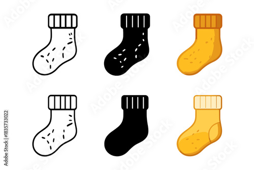 Sock Icon Styles. Thick wool sock with ribbed cuff and cozy texture, minimal vector icon, first in line style with thin outline,