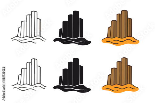 Basalt Columns Vector. Side view of basalt columns rising from cooled lava flow, simple minimalist vector illustration, first in