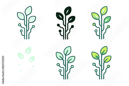 Futuristic Organic Tech. Artificial plants with circuit-like stems and glowing leaves symbolizing fusion of nature and data,