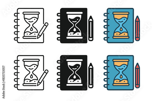 Hourglass Diary Fusion. Minimal hourglass merged with diary symbol, showing fluid time and quantum uncertainty in reflection and