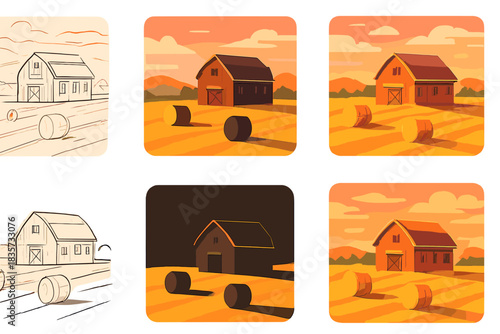 Sunset Over Hay Bales. Barn and hay bales under pink-orange sky, long shadows stretching across field, serene balanced composition