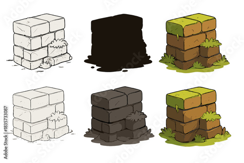 Layered Stone Wall. Ancient wall corner with layered stones and moss tufts catching light, simple grounded composition, first in