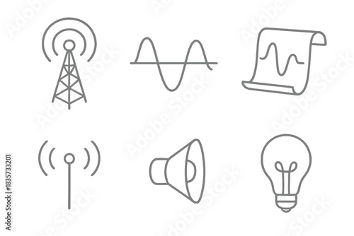 Past Signal Icons. Line style icons of Past Signal: radio tower sketch, sine wave line, printed waveform roll, antenna with gentle