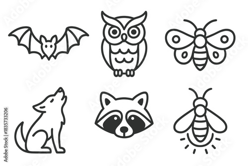 Night Creature Icons. Line style icons of Night Creatures: bat, owl, moth, wolf, raccoon, firefly. No text, No labels, isolated
