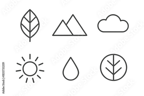Modern Nature Icons. Line style icons of Modern Nature: geometric leaf outline, balanced mountain peaks, soft cloud arc, linear