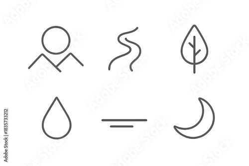 Calm Element Icons. Line style icons of Calm Elements: hollow sun over peaks, curved river ribbon, single-line tree, gentle