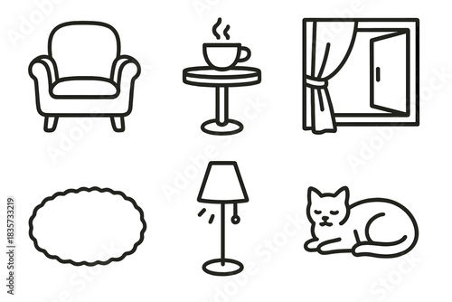 Calm Corners Icons. Line style icons of Calm Corners: soft armchair outline, small table with cup, cozy rug shape, open window