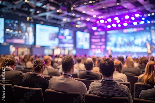 Large audience gathered in a bright auditorium watching a presentation