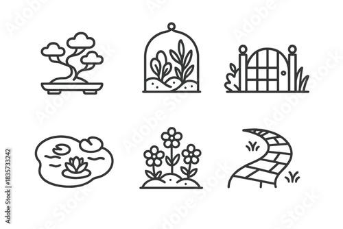 Compact Nature Icons. Line style icons of Compact Nature: bonsai forest, terrarium dome, micro garden gate, small pond, tiny